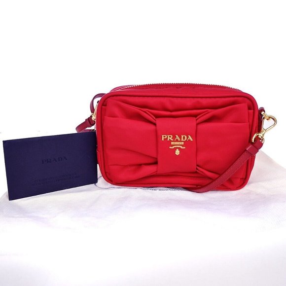 PRADA Tessuto Fiocco Bow Mini 2way Shoulder Bag Nylon Leather Rosso - Picture 1 of 15